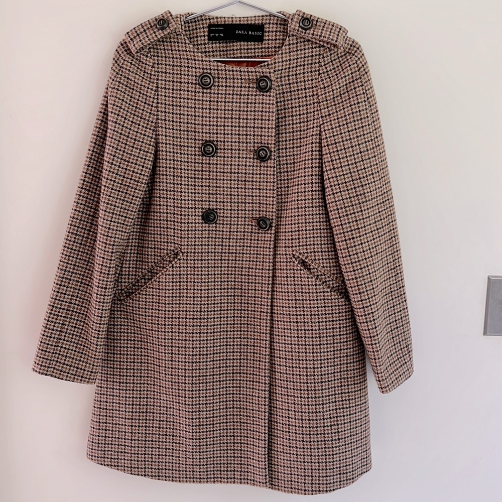 Zara Plaid Houndstooth Brown Classic Coat Jacket Sz M